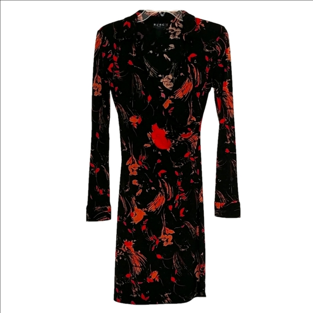 BCBG Paris Dress Size Small Floral Long Sleeve Snap Cuffs Collar Gathered Waist